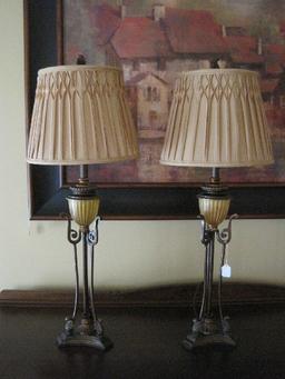 Pair - French Inspired Banquet Lamps w/ Amber Vertical Design Urn Fonts