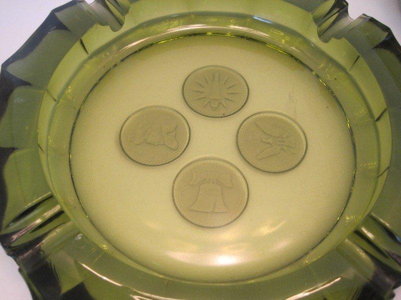 3 Pieces - Fostoria Coin Pattern Olive Green Round Bowl, Ashtray & Covered Candy Dish