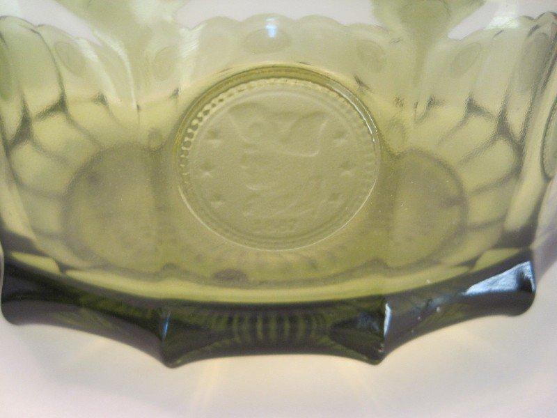 3 Pieces - Fostoria Coin Pattern Olive Green Round Bowl, Ashtray & Covered Candy Dish