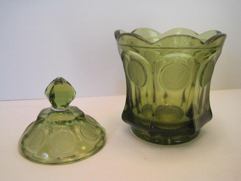3 Pieces - Fostoria Coin Pattern Olive Green Round Bowl, Ashtray & Covered Candy Dish