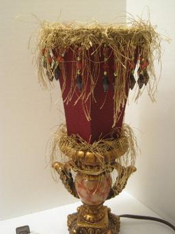 Ornately Embellished Urn Form Accent Lamp Beaded/Fringe Shade