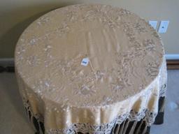 Particle Board Round Table w/ Floral Needlework Fringe Table Scarf