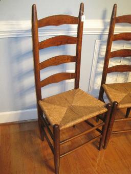 Pair - Pine Ladder Back Chairs w/ Rush Seats