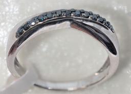 Sterling Silver Rhodium Plated 13 Blue Diamond Ring