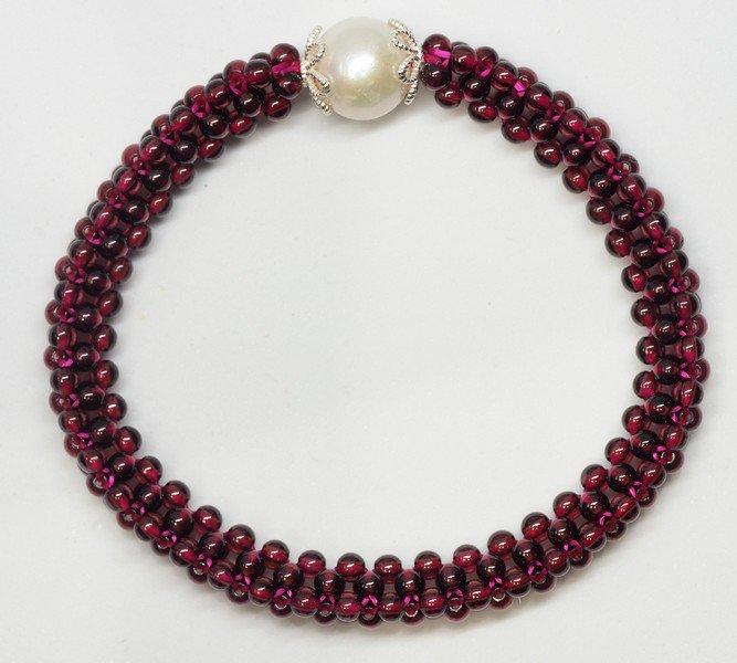 Sterling Silver Garnet and Freshwater Pearl Flexible Bracelet