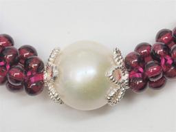 Sterling Silver Garnet and Freshwater Pearl Flexible Bracelet