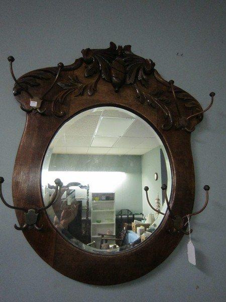 Wall Mounted Ornately Carved Mirror Round w/ 4 Coat/Hat Hangers