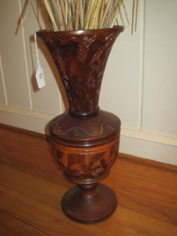 Carved Wooden Vase w/ Flared Rim on Plinth Base w/ Dried Arrangement