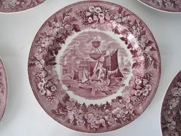 6 Wedgwood Ferrara Plum Pattern Flowers, Ships & Buildings Design Plates (7 1/8" Diameter)