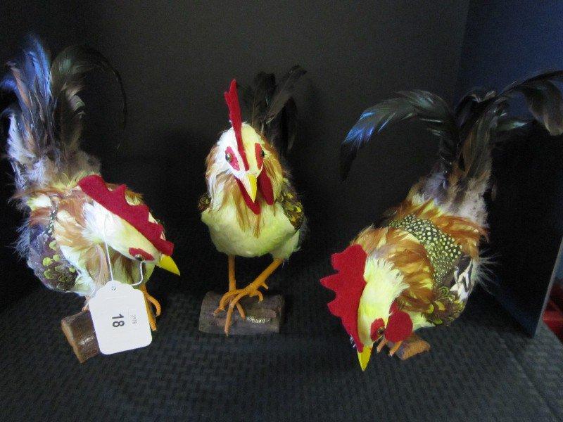 Lot - Cocks In A Box! Felt/Feather Electronic Roosters on Wood Base