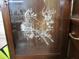 Wood Gun Cabinet w/ Brass Pulls Ornate Lock/Key w/ Stag Transfer on Glass Front