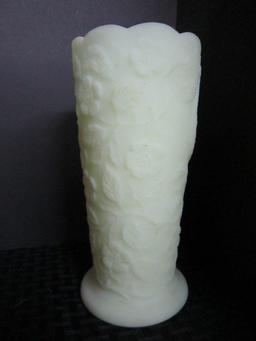 Fenton Custard Glass Vase w/ Peacock/Floral Motif