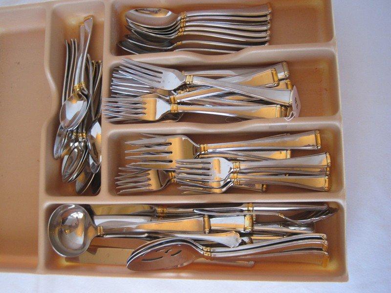 57 Pieces - Gorham 18/8 Stainless Column Gold Tone Flatware w/ Serving Pieces Forks