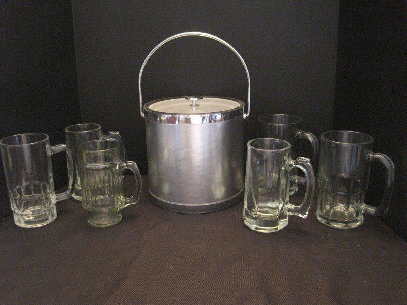 Lot - Ice Bucket Silver Tone Mesh Design w/ 6 Beer Mugs