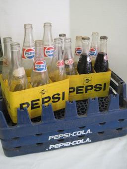 Lot - Pepsi Cola Drink Bottles Half Liter, 16oz., 10oz. 2 Yellow Carry Cases, Etc.