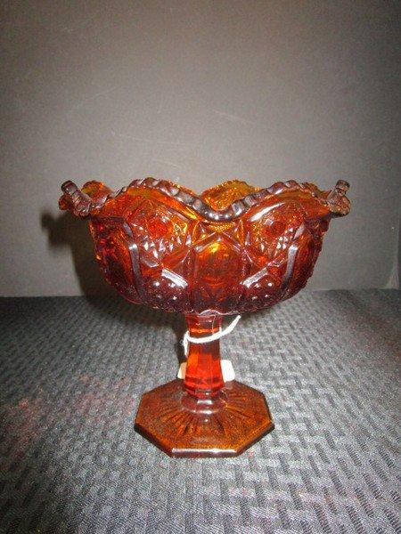 Amber Glass Ruffled/Saw Tooth Rim, Hobstar Pattern Raised Trinket Dish