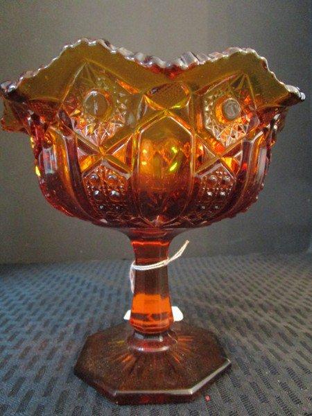 Amber Glass Ruffled/Saw Tooth Rim, Hobstar Pattern Raised Trinket Dish