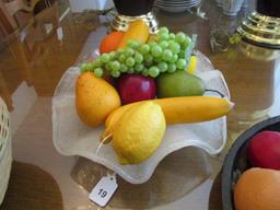 Lot - 3 Scalloped/Clam Design Glass Bowl w/ Faux Fruit, Wooden Bowl w/ Faux Fruit