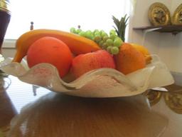 Lot - 3 Scalloped/Clam Design Glass Bowl w/ Faux Fruit, Wooden Bowl w/ Faux Fruit