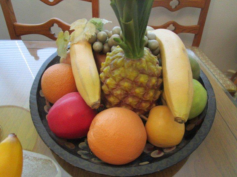 Lot - 3 Scalloped/Clam Design Glass Bowl w/ Faux Fruit, Wooden Bowl w/ Faux Fruit