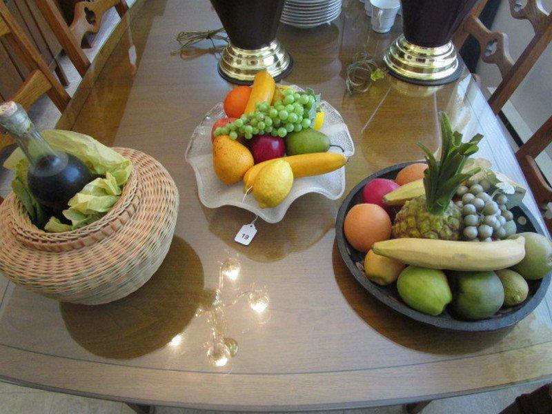 Lot - 3 Scalloped/Clam Design Glass Bowl w/ Faux Fruit, Wooden Bowl w/ Faux Fruit