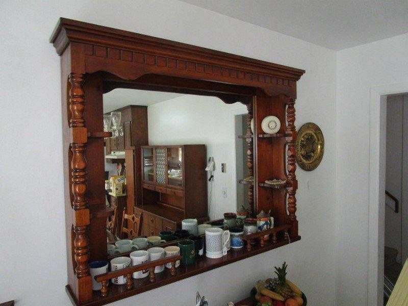 Mid-Century Modern Design Wooden Mirror w/ 3 Inlay Shelves, Carved Bannisters