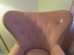 Upholstered Pink/Striped Wing Back/Pin Back Arm Chair w/ Wood Carved Legs