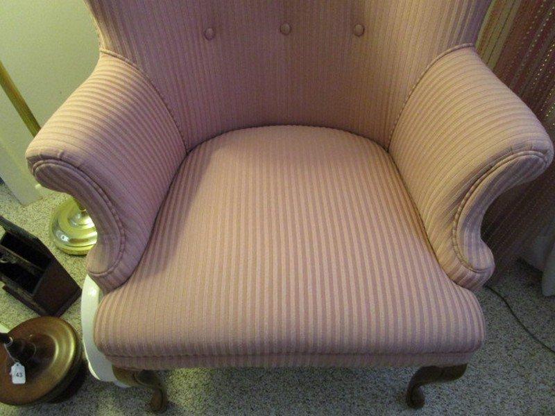 Upholstered Pink/Striped Wing Back/Pin Back Arm Chair w/ Wood Carved Legs