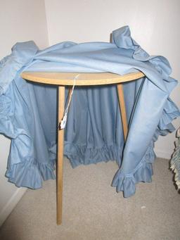 Unfinished Wooden Round Pedestal Side Table w/ Blue/White Table Clothes