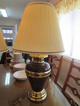 Pair - Urn Design Gold/Burgundy Metal Lamps w/ Cream Shades, Laurel Finial