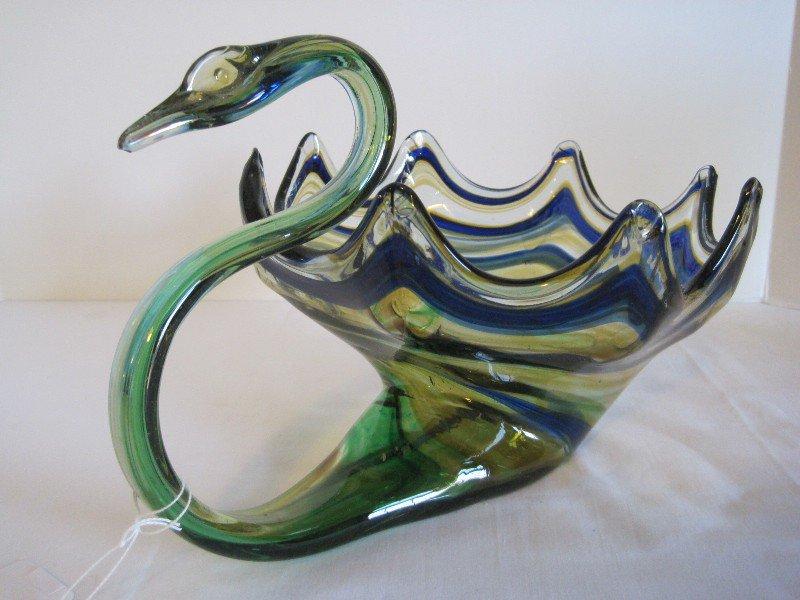 Retro Hand Blown Art Glass Swan Console Bowl Cobalt/Green Coloration