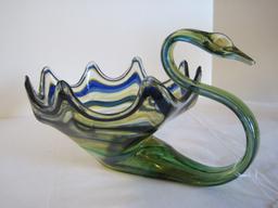 Retro Hand Blown Art Glass Swan Console Bowl Cobalt/Green Coloration