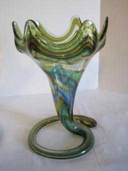 Pair - Retro Hand Blown Art Glass Vases Green/Blue Coloration