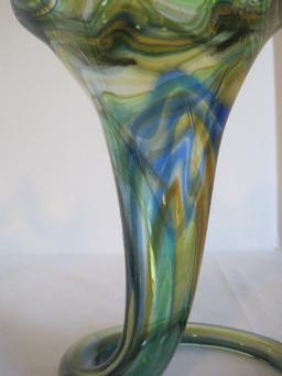 Pair - Retro Hand Blown Art Glass Vases Green/Blue Coloration