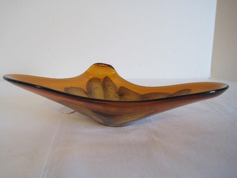 Venetian Art Glass Amber Bowl Abstract Design Polished Base