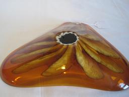 Venetian Art Glass Amber Bowl Abstract Design Polished Base