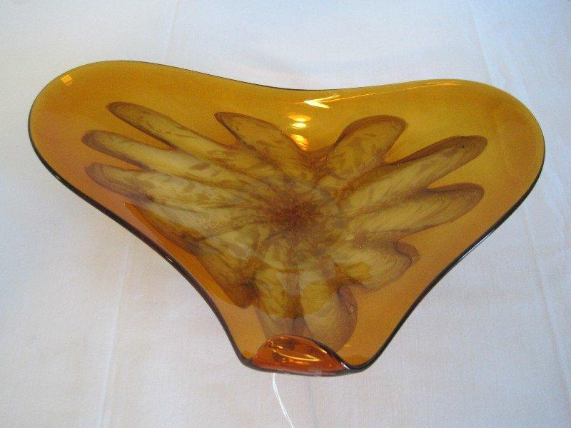 Venetian Art Glass Amber Bowl Abstract Design Polished Base