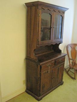 Pine China Hutch w/ Double Glass Panel Doors on 2 Over 2 Base