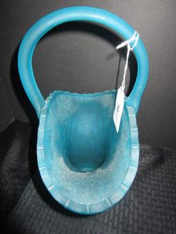 Aquamarine Glass Raised Basket - Star Cut Base, Hobnail/Hobstar Cut Motif