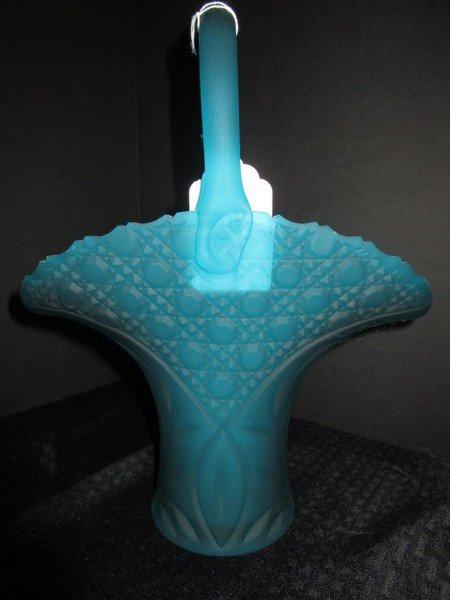 Aquamarine Glass Raised Basket - Star Cut Base, Hobnail/Hobstar Cut Motif