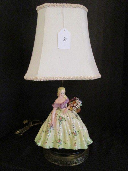 Ceramic Regency Woman w/ Floral Basket/Floral Dress Lamp on Brass Ornate Base