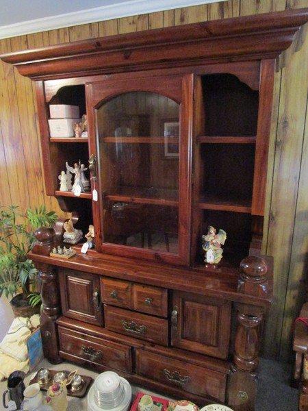 Dark Wood Lighted China Cabinet 2 Piece, 6 Sectional, 1 Glass Window Hutch Door