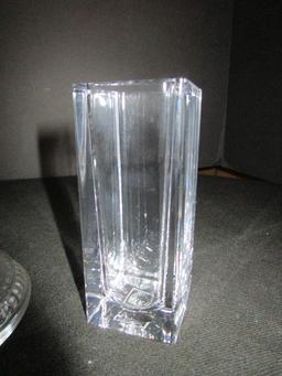 Lot - Mikasa Lead Crystal Bud Vase, Raised Glass Candle Stick Holder, Wicker Handled Tea Pot