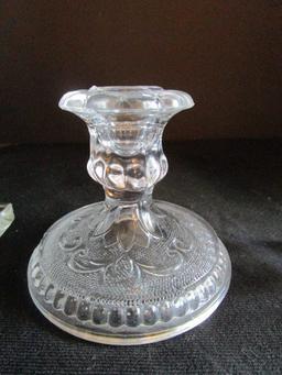 Lot - Mikasa Lead Crystal Bud Vase, Raised Glass Candle Stick Holder, Wicker Handled Tea Pot