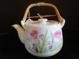 Ceramic Tulip Motif, Wicker Handled Tea Pot w/ 4 Cups, Japan on Base