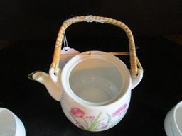 Ceramic Tulip Motif, Wicker Handled Tea Pot w/ 4 Cups, Japan on Base