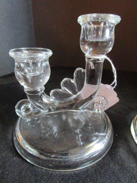 Pair - Twin Candle Stick Holder Glass w/ Trumpet/Scalloped Design