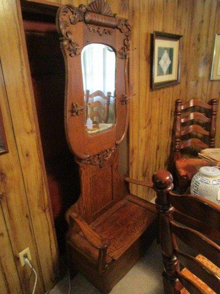 Wooden Entry Hall Tree w/ Ornate Carved Finials, Mirror, Acanthus Leaf Motif, Harp-Design Top