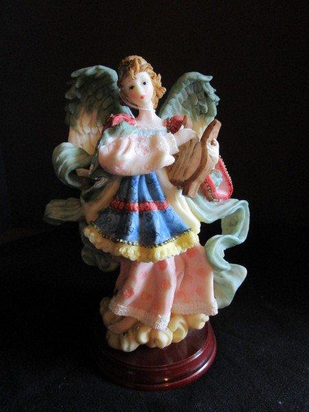 American Bible Society Ceramic Angel w/ Harp on Wood Base