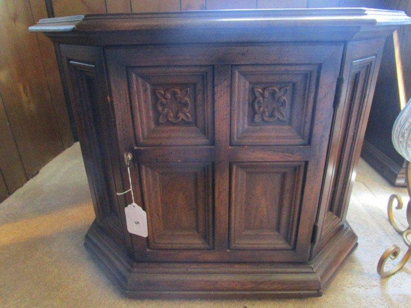 Pair Dark Wood Veneer Hexagonal Side Tables w/ 1 Hutch Door, Paneled/Carved Motif